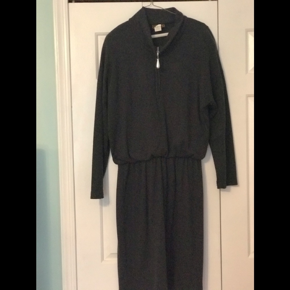 Vintage Virgo II Mock-Neck Zip Front Midi Dress Elastic Waist, Minimalist 80s/90